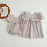 Baby Plaid Pattern Square Neck Puff Sleeves Onesies & Dress - MyKids-USA™
