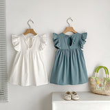 Summer Arrival Solid Color Fly Sleeves Crew Neck Dress for Stylish Girls