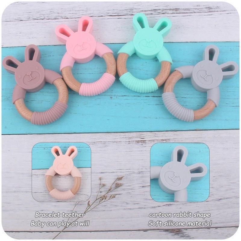 Baby Food-Grade Teething Rattle, Teething Aid for Babies, Wooden and Silicone Rabbit Teething Bracelet - MyKids-USA™