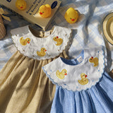 Summer Arrival Baby Kids Girls Sleeveless Ducks Pattern Embroidered Plaid Dress