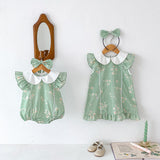 New Design Summer Girls Flowers Pattern Fly Sleeves Peter Pan Collar Onesies And Dress – Sister Matching Clothing Set