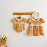 Design Summer Girls Hollow Out Collar Short Sleeves Floral Striped, Plaid Onesies And Dress – Sister Matching Clothing Set - MyKids-USA™