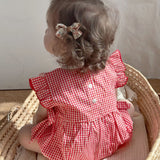 Summer Arrival Baby Cute Plaid Sleeveless Strawberry Embroidered Onesies