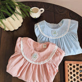 Simple Plain Autumn Girls Flower Embroidery Collar Long Sleeves French Style Dress - MyKids-USA™