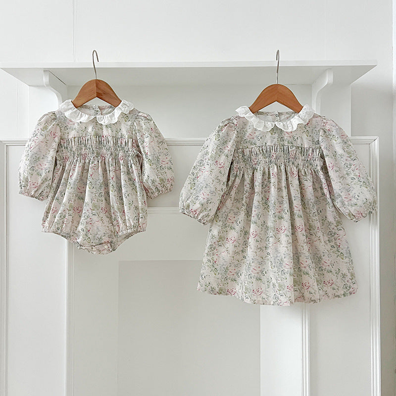 Arrival Autumn Baby Kids Girls Long Sleeves Light Green Floral French Collar Onesies and Dress – Princess Sister Matching Set - MyKids-USA™