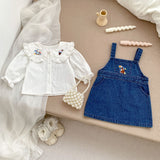 Arrival Autumn Baby Girls Cartoon Embroidery Pattern Long Sleeves Top and Denim Strap Dress Clothing Set - MyKids-USA™