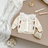 Autumn Arrival Baby Kids Girls Comfortable Floral Pattern Embroidered Knitted Long Sleeves Cardigan