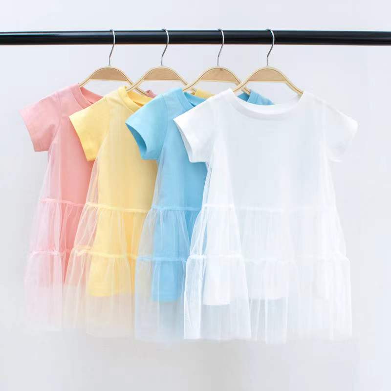 Girl Solid Mesh Pattern Short Sleeve Round Collar Dress In Summer - MyKids-USA™