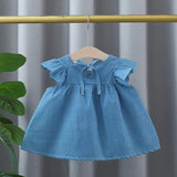 Summer Hot Selling Baby Kids Girls Fly Sleeves Crew Neck Solid Color Denim Dress