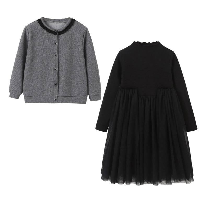 Girls Single Breasted Cardigan Tops Black Dress Sets - MyKids-USA™