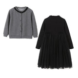 Girls Single Breasted Cardigan Tops Black Dress Sets - MyKids-USA™