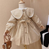 Baby Girls Peter Pan Neck Long Sleeved Khaki Single Breasted Dress With Belt - MyKids-USA™