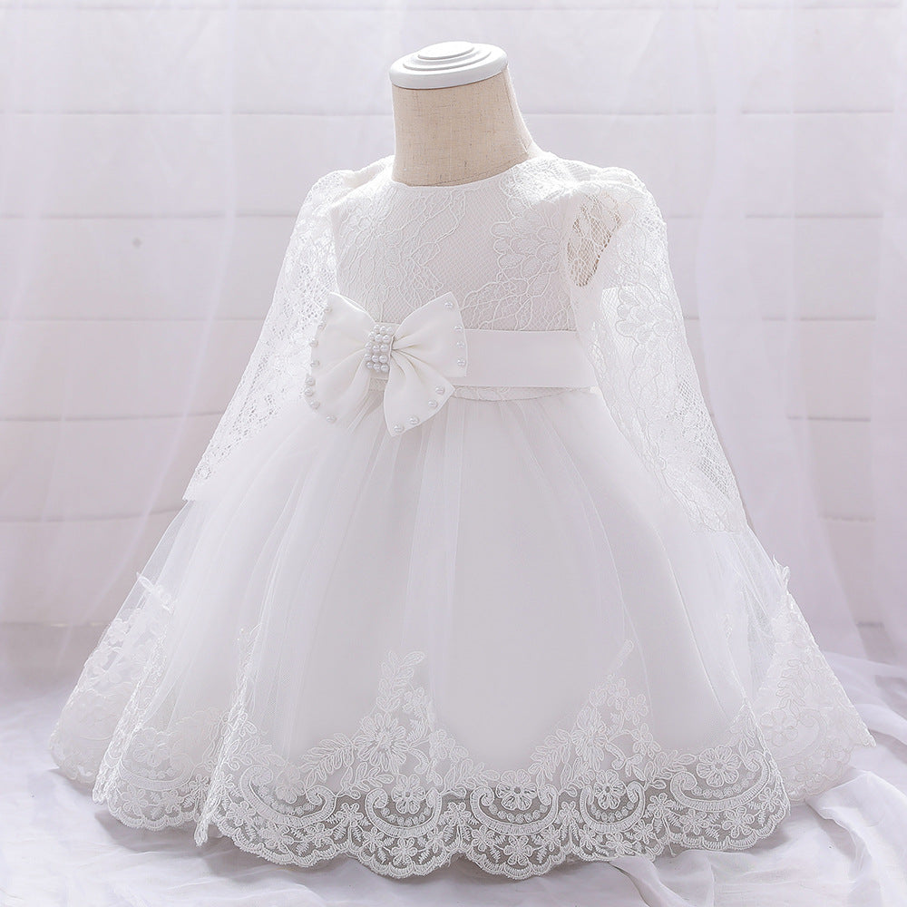 Baby Girl Bow Patched Design Long Sleeves Full Moon Christening Mesh Formal Dress - MyKids-USA™
