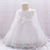 Baby Girl Bow Patched Design Long Sleeves Full Moon Christening Mesh Formal Dress - MyKids-USA™