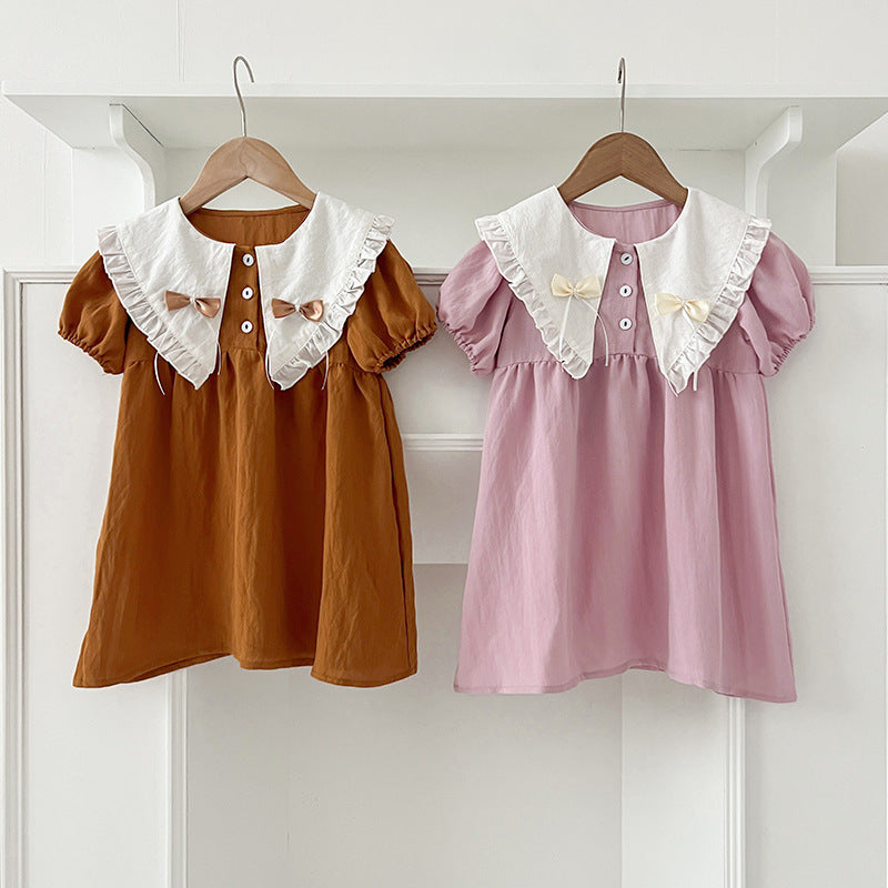 New Arrival Summer Girls Vintage Countryside Double-Bow Collar Short Sleeves Dress - MyKids-USA™