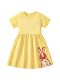 Summer Arrival Girls’ Rabbits Pattern Crew Neck Short Sleeves Yellow Dress - MyKids-USA™