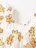 Summer New Arrival Baby Kids Girls Fly Sleeves Floral Print Square Neck Yellow Dress - MyKids-USA™
