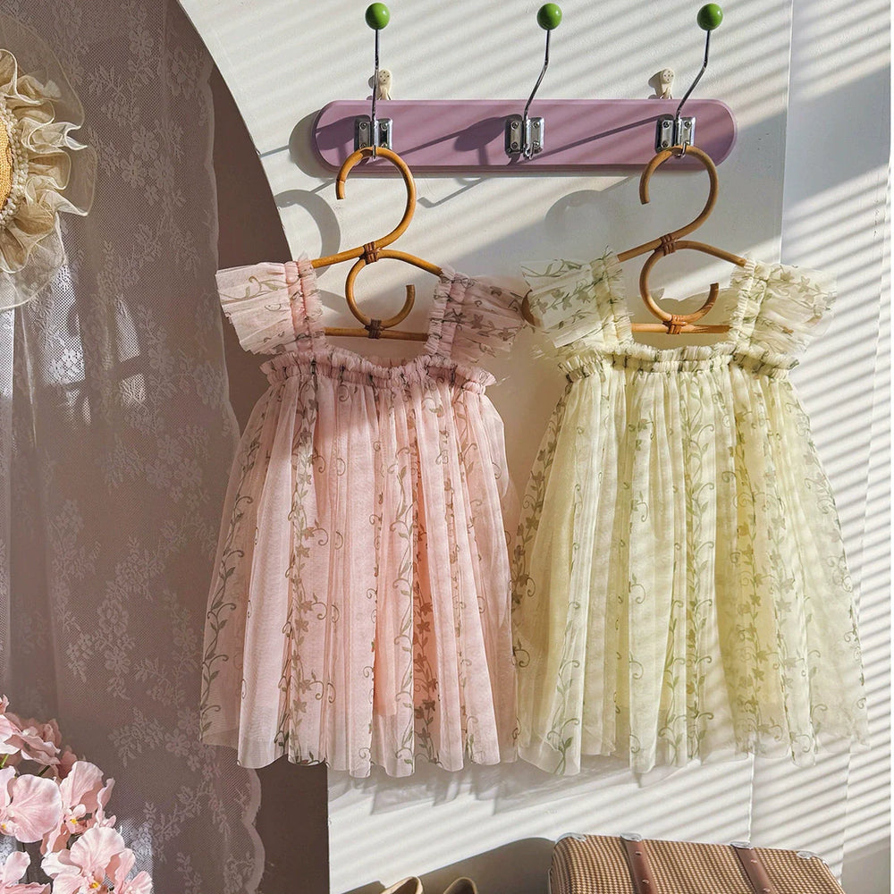 Summer Arrival Floral Pattern Fly Sleeves Tulle Dress for Stylish Girls - MyKids-USA™