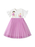Summer Pure Cotton Cartoon Dancers Pattern Short Sleeves Tulle Patchwork Dress for Stylish Girls - MyKids-USA™