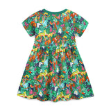 Summer Pure Cotton Cartoon Jungle Animals Pattern Short Sleeves Dress for Stylish Girls - MyKids-USA™