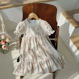 French Design Summer Baby Kids Girls Short Sleeves Square Neck Floral Dress - MyKids-USA™
