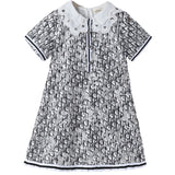 New Design Summer Kids Girls Abstract Letters Print Fashion Short Sleeves Hollow Out Collar Dress - MyKids-USA™