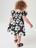 Baby Girls Square Neck Short Sleeves Black Floral Dress - MyKids-USA™
