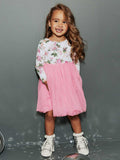 Design Autumn Girls Flowers Pattern Crew Neck Long Sleeves Pink Tulle Patchwork Princess Dress
