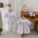 Summer Girls Flowers Pattern Short Sleeves Embroidery Collar Onesies And Dress – Sister Matching Clothing Set - MyKids-USA™