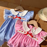 Summer Baby Kids Girls French Fly Sleeves Floral Pattern Embroidered Pattern Plaid Dress