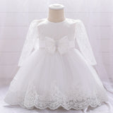 Baby Girl Bow Patched Design Long Sleeves Full Moon Christening Mesh Formal Dress - MyKids-USA™