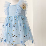 Summer Hot Selling Kids Girls Cute Blue Sleeveless Floral Tulle Dress