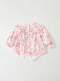 Spring Arrival Baby Girls Flowers Pattern Lace-Trim Peter Pan Collar Onesies Dress