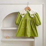 Spring Mesh Patched Design Long Sleeve Green Dress