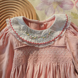 Spring and Autumn Pink Long-sleeved Dress with Floral Pattern Collar for Stylish Girls