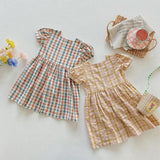 Summer Baby Kids Girls Short Sleeves Square Neck Heart Pattern Plaid Dress - MyKids-USA™