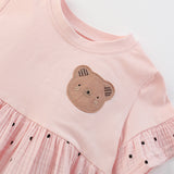 Summer Arrival Teddy Bear and Dots Pattern Short Sleeves Dress for Stylish Girls