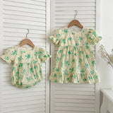 Summer Girls Green Floral Pattern Square Neck Onesies And Girls’ Dress – Princess Sister Matching Set