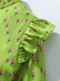 Design Autumn Girls Little Flowers Pattern Ruffle Neck Long Sleeves Green Dress - MyKids-USA™
