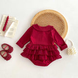 Autumn Arrival Baby Girls Long Sleeves Ruffle Solid Color Peter Pan Collar Onesies Dress - MyKids-USA™