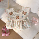 Summer Baby Kids Girls Sleeveless Teddy Bear and Flowers Pattern Dress