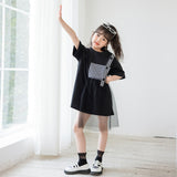 Black Plaid Patched Design Mesh Casual Dress