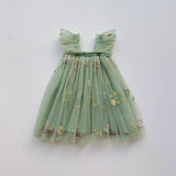 Summer Baby Kids Girls Sleeveless Floral Embroidered Mesh Design Off Shoulder Strap Dress
