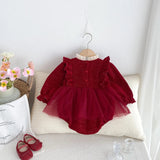 Autumn Arrival Baby Girls Long Sleeves Red Ruffle Neck Patchwork Onesies Dress