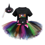 Arrival Girls’ Halloween Costume: Short Sleeves Cartoon Print Witches Cosplay Party Tulle Patchwork Dress with Hat Set - MyKids-USA™