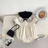 Summer Baby Girls Vine-Embroidered Collar Short Sleeves Onesies