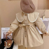 Baby Girls Peter Pan Neck Long Sleeved Khaki Single Breasted Dress With Belt - MyKids-USA™