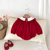 Autumn Arrival Baby Girls Long Sleeves Rabbit Embroidery Collar Red Onesies - MyKids-USA™