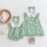 New Design Summer Girls Flowers Pattern Fly Sleeves Peter Pan Collar Onesies And Dress – Sister Matching Clothing Set