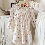 Design Autumn Girls Fashion Floral Long Sleeves Square Neck Dress - MyKids-USA™